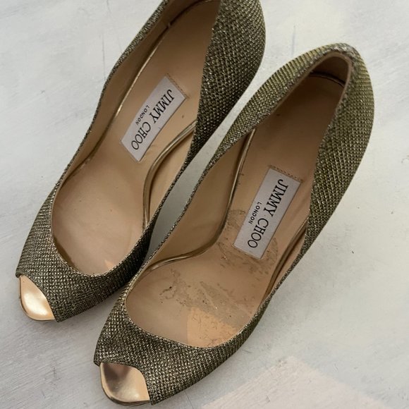 Jimmy Choo Peep Toe Pumps Sz 36.5 Gold Glitter High Stiletto Heels - Picture 6 of 11